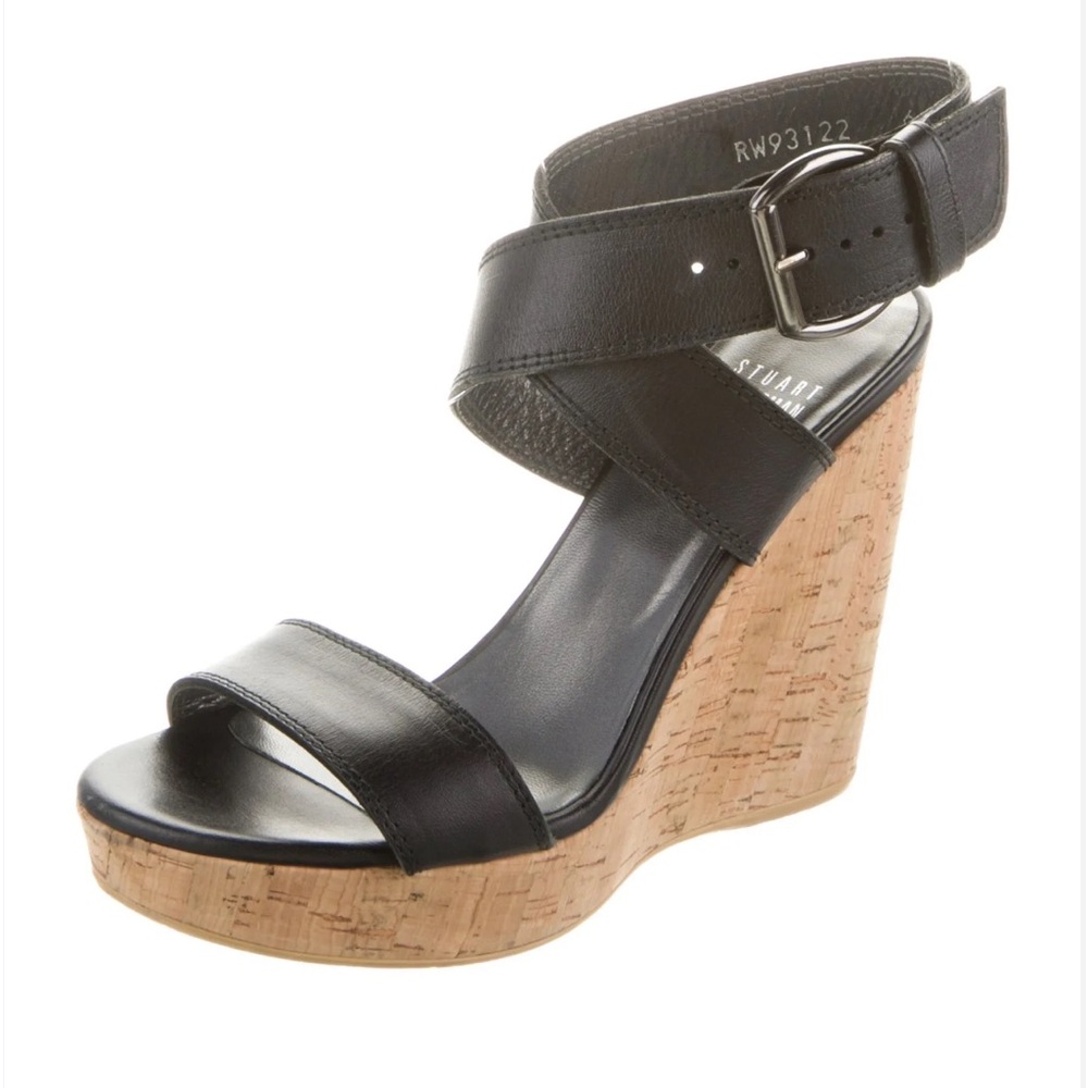 Stuart Weitzman black leather wedge platform sandals